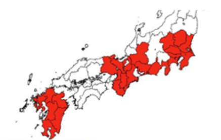集荷可能エリアに色がついた日本地図です。